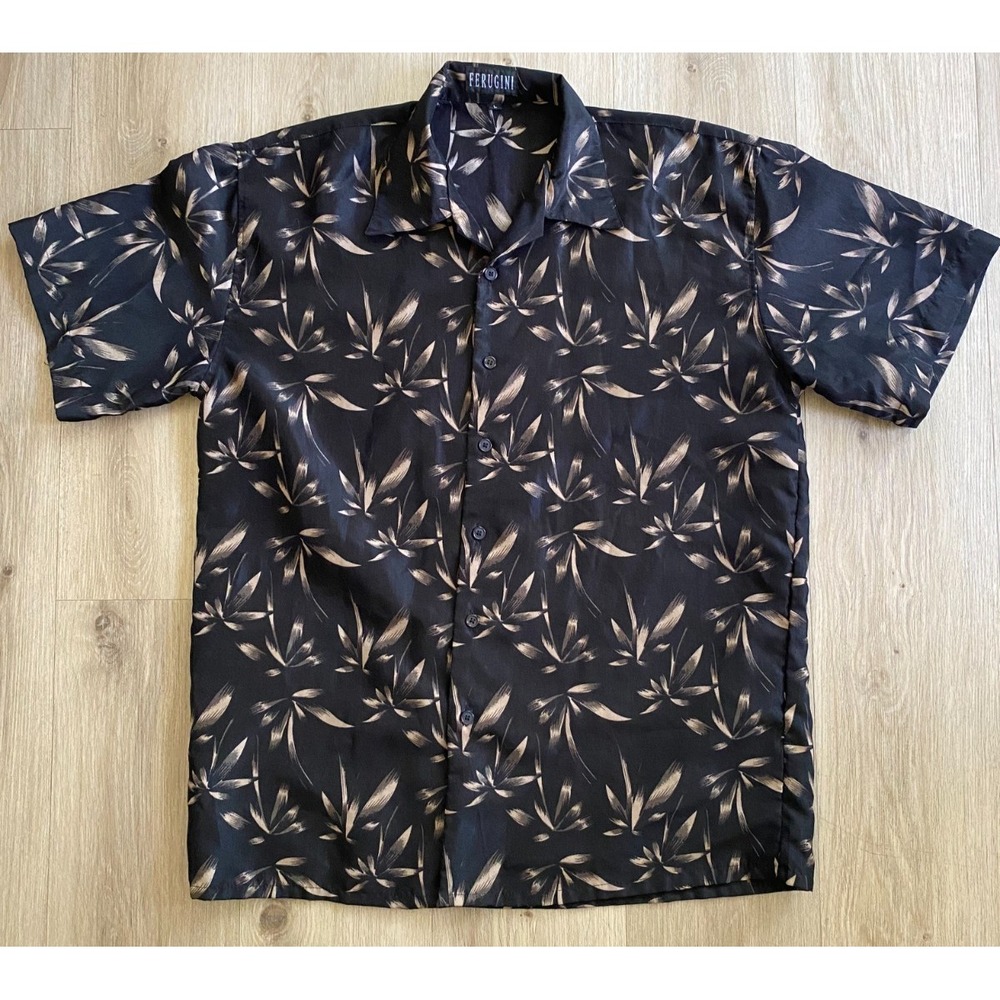 Ferugini Mens Black Leaf Print Short Sleeve Button Up Casual Shirt